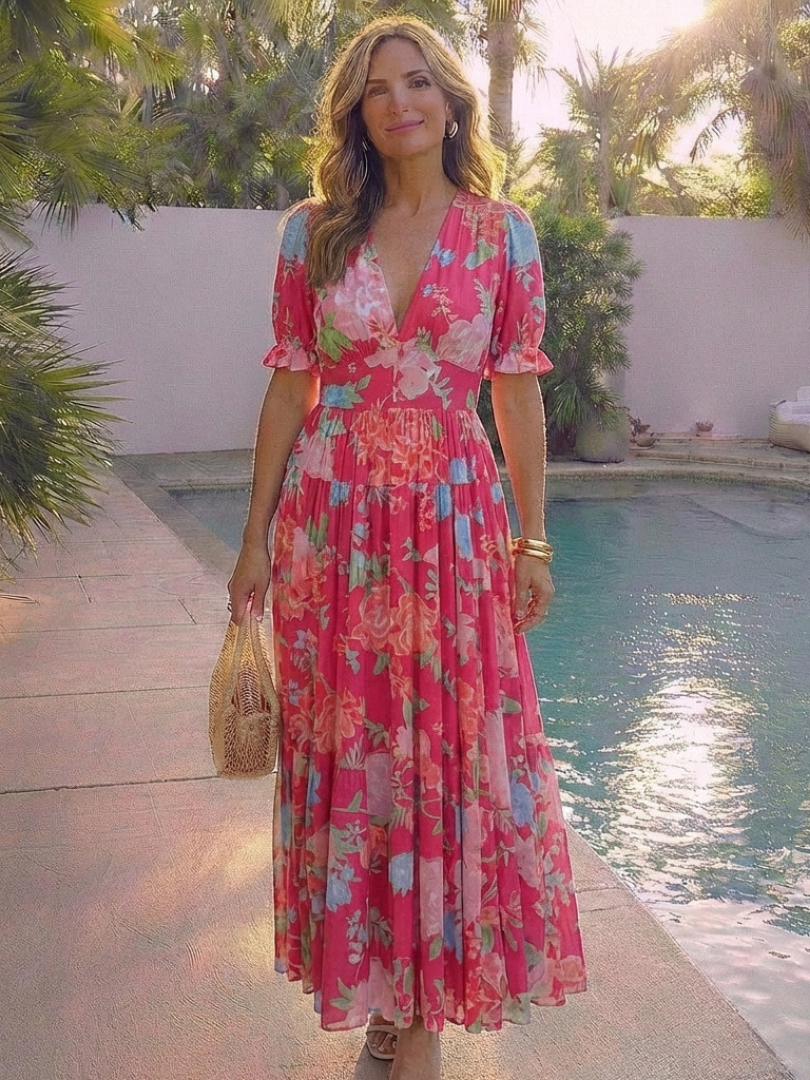 Ione | Robe Midi Florale Col V Manches Courtes