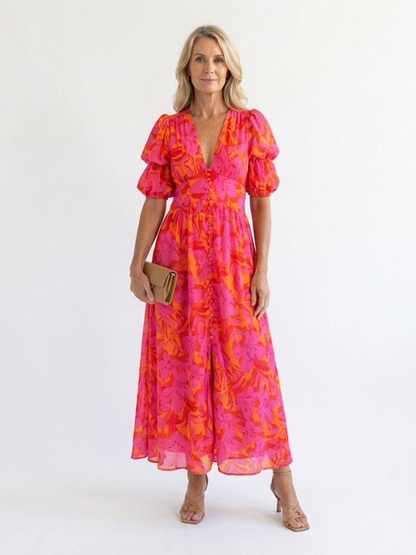 Willow | Robe Midi Florale Col V Manches Bouffantes