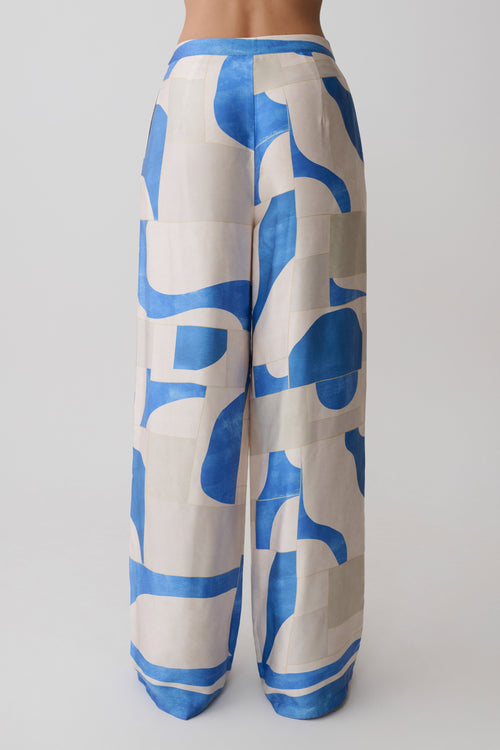 Blue Art Print Wide Leg Pants