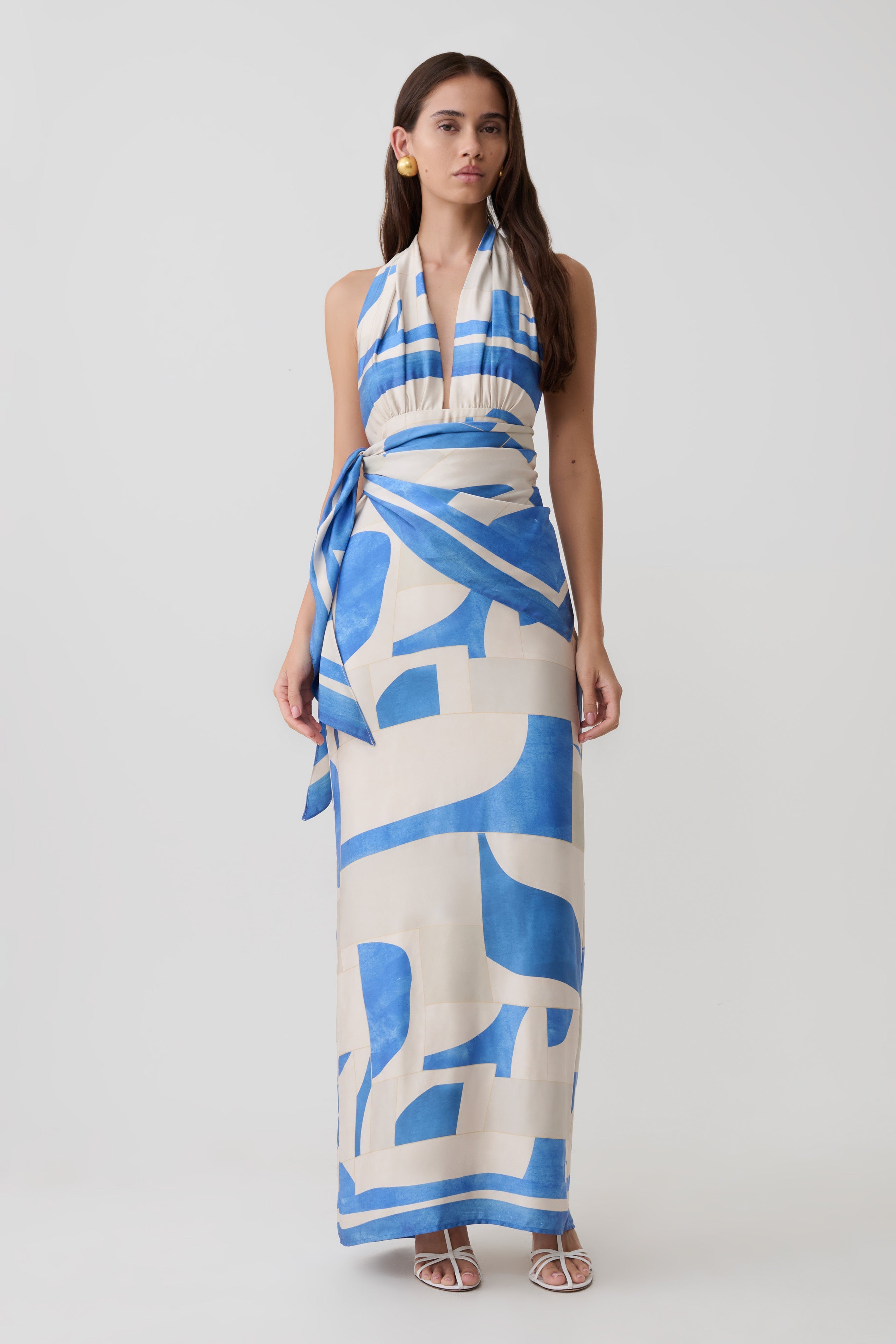 Blue Abstract Halter Maxi Dress