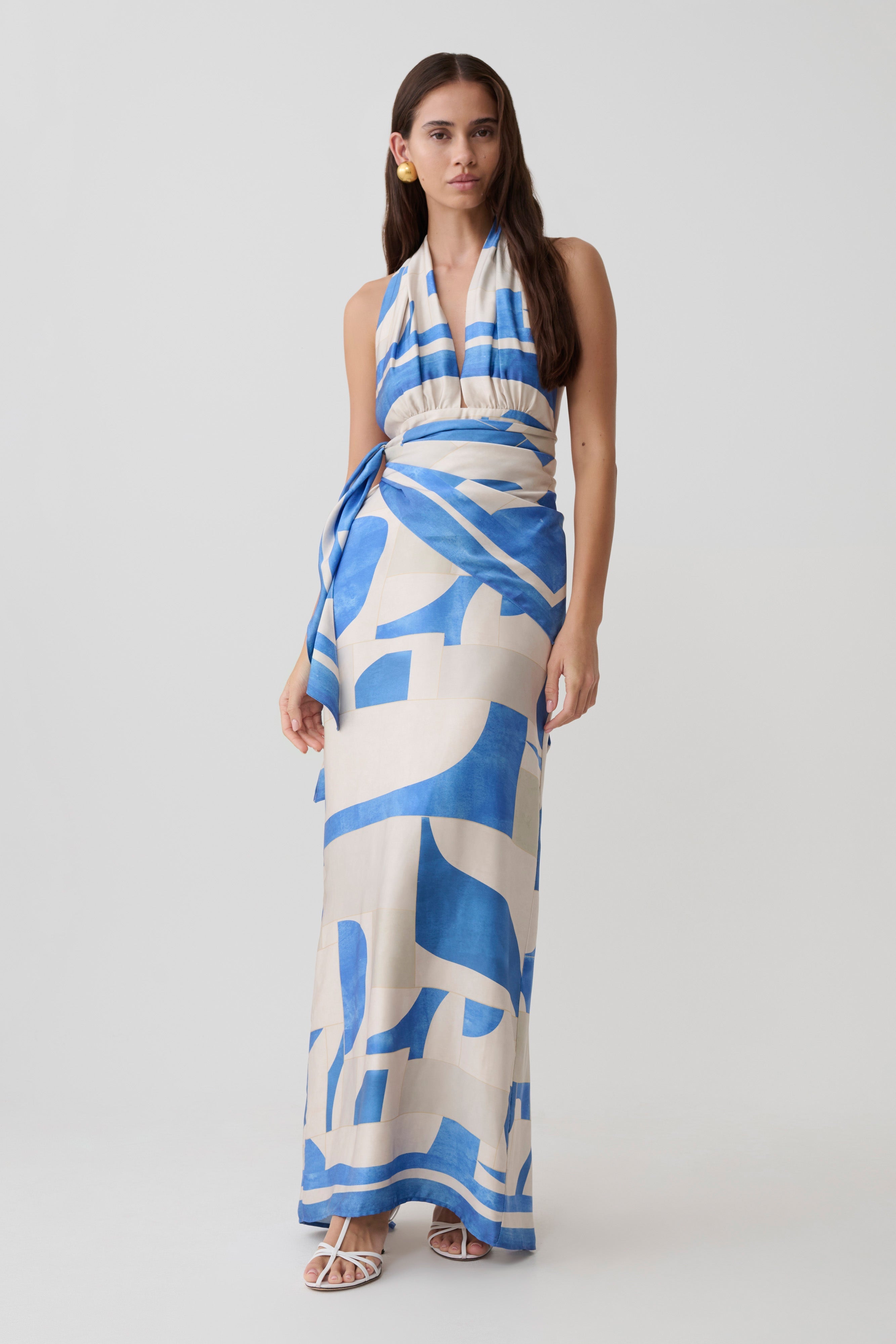 Blue Abstract Halter Maxi Dress
