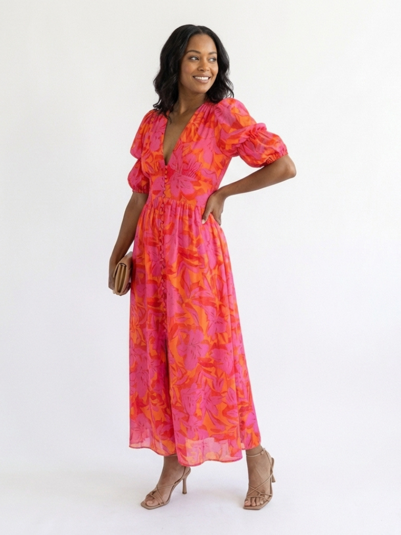 Willow | Robe Midi Florale Col V Manches Bouffantes