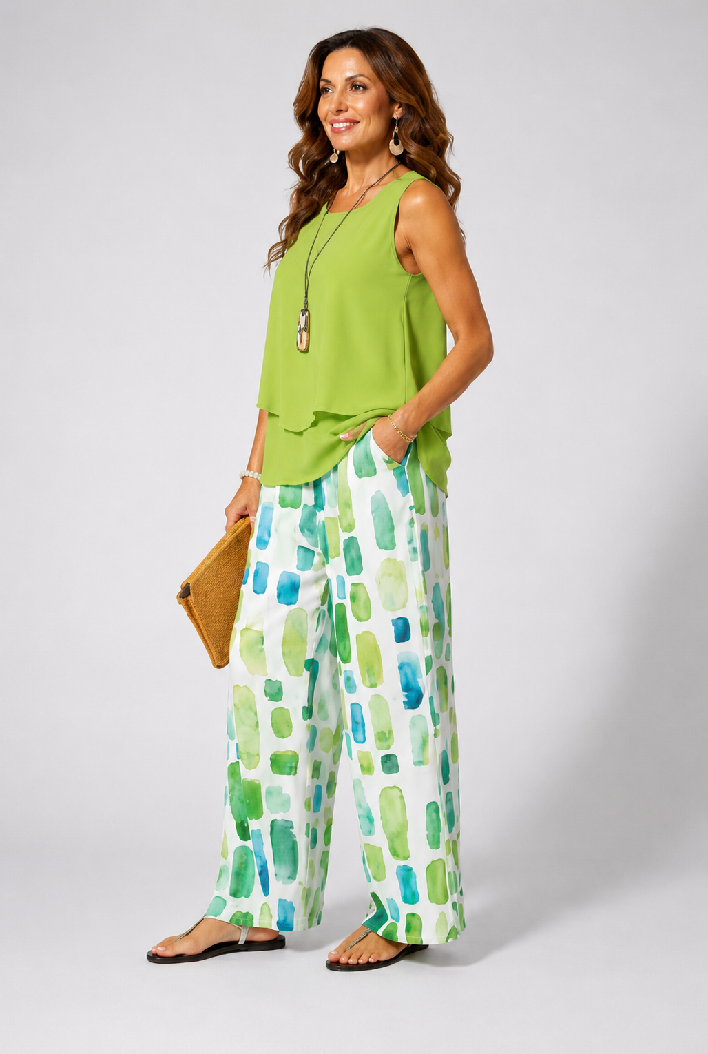 Set Chiara – Letní Set Zelený s Geometrickými Kalhotami