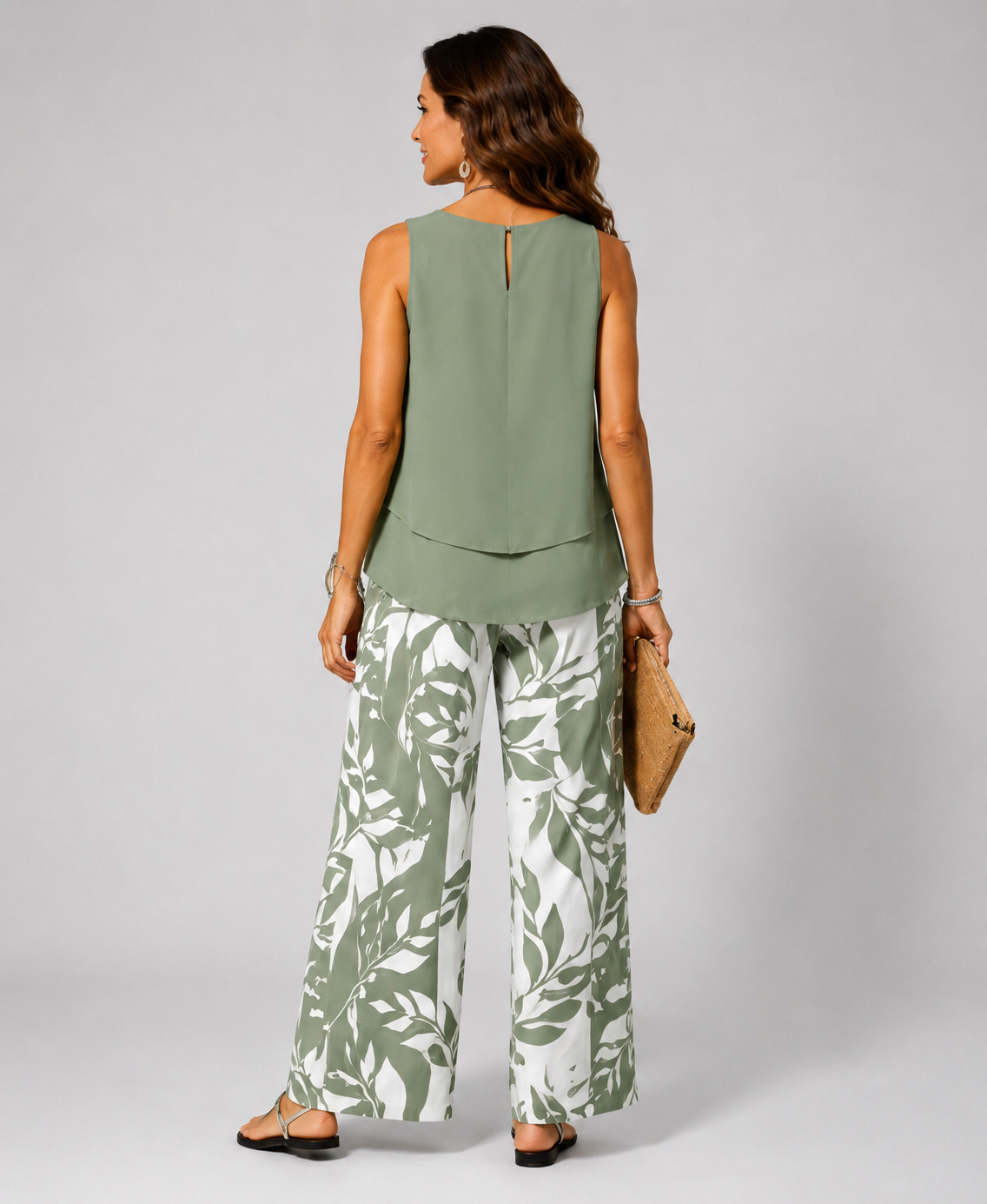 Set Eleonora – Letní Set Šalvějově Zelený s Botanickým Potiskem