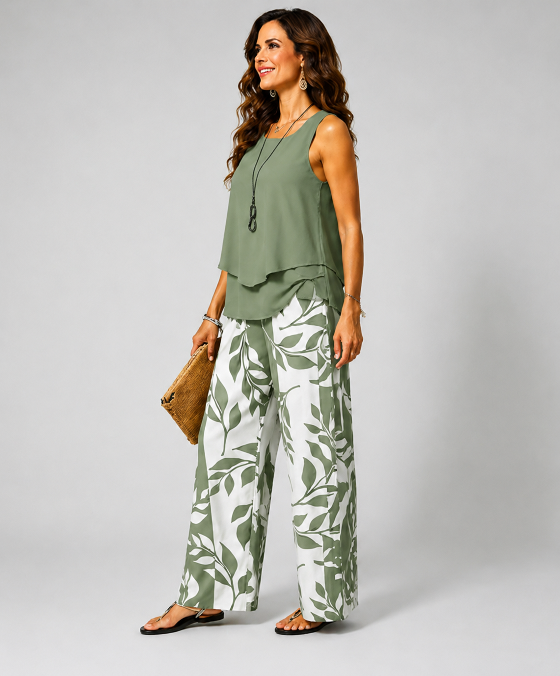 Set Eleonora – Letní Set Šalvějově Zelený s Botanickým Potiskem