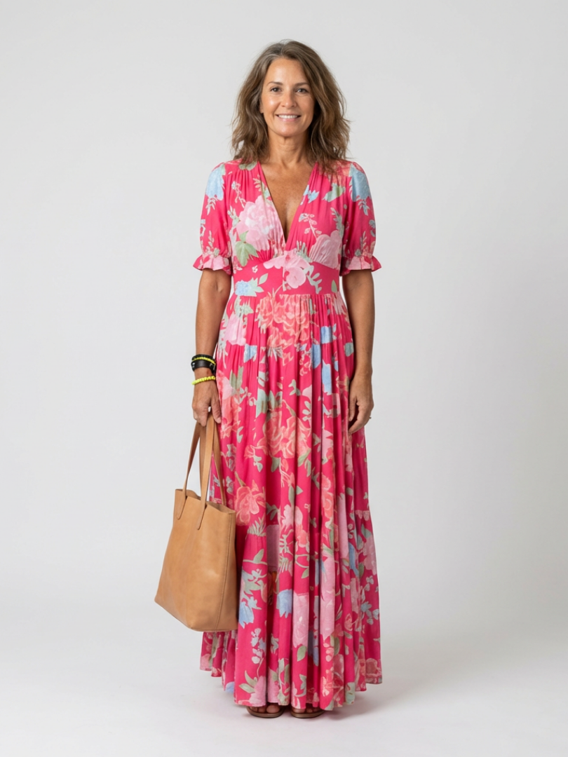 Ione | Robe Midi Florale Col V Manches Courtes