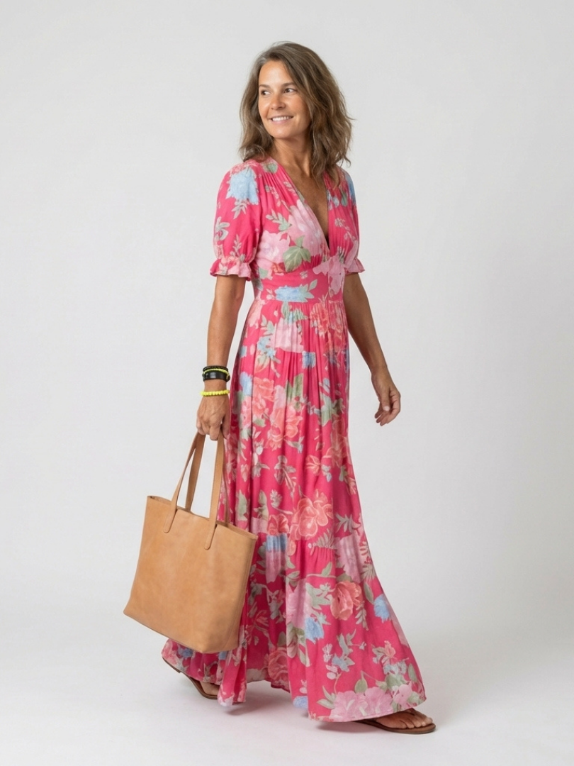 Ione | Robe Midi Florale Col V Manches Courtes