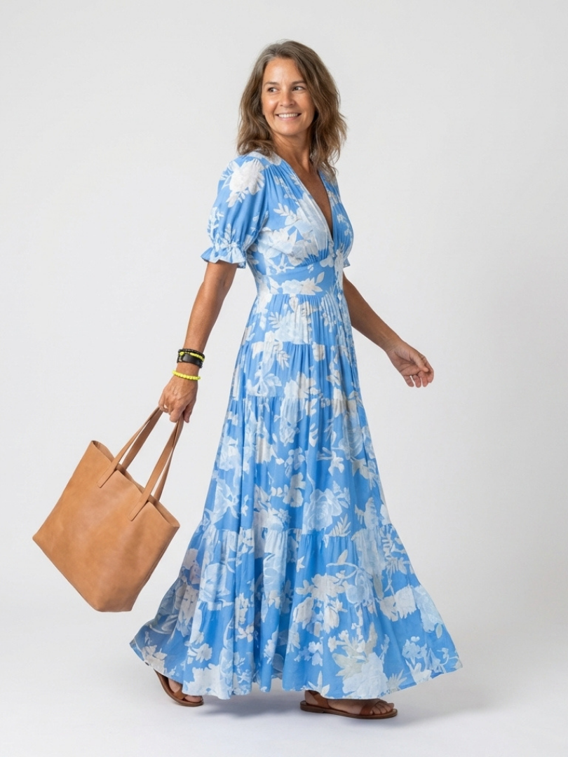Ione | Robe Midi Florale Col V Manches Courtes