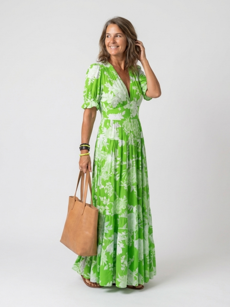 Ione | Robe Midi Florale Col V Manches Courtes