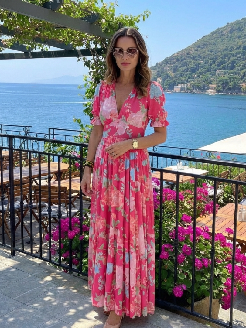 Ione | Robe Midi Florale Col V Manches Courtes