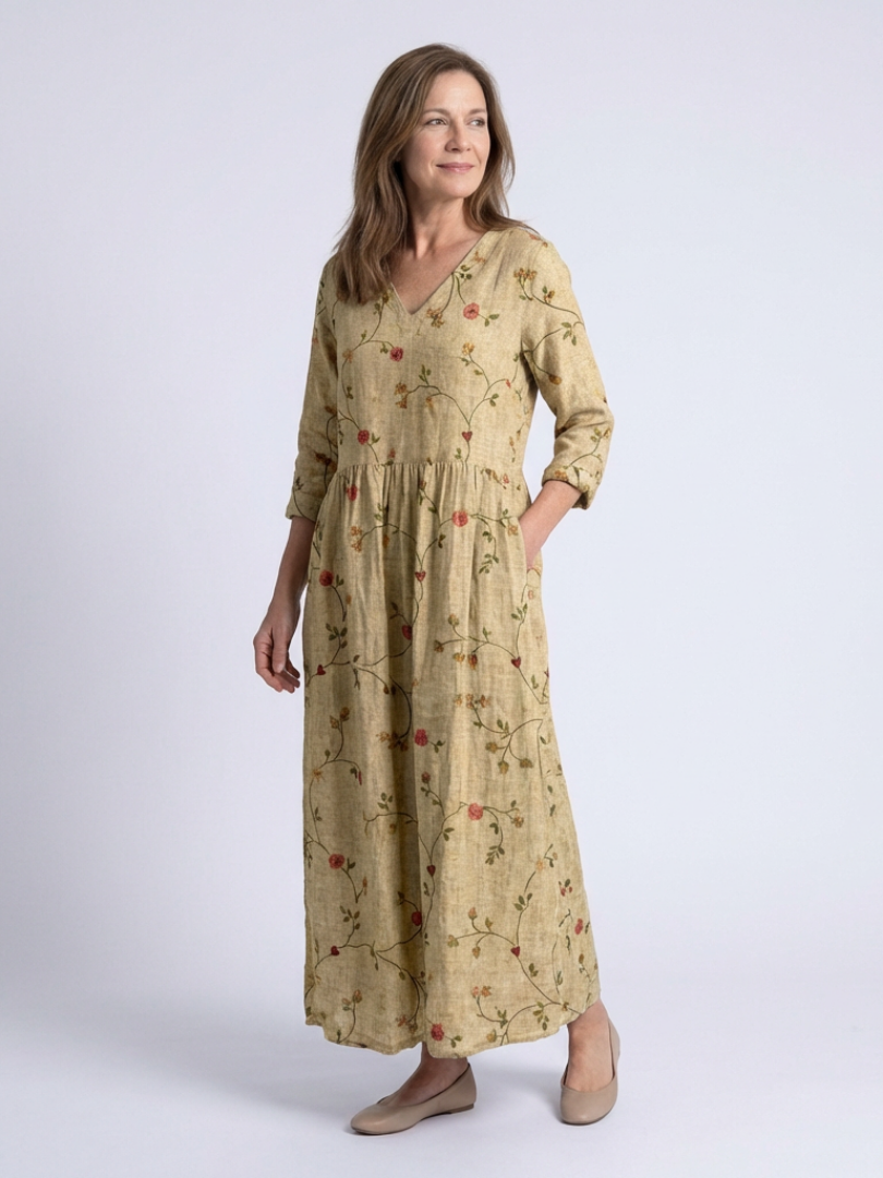 Marina | Robe Maxi Florale Col V Manches Trois Quarts