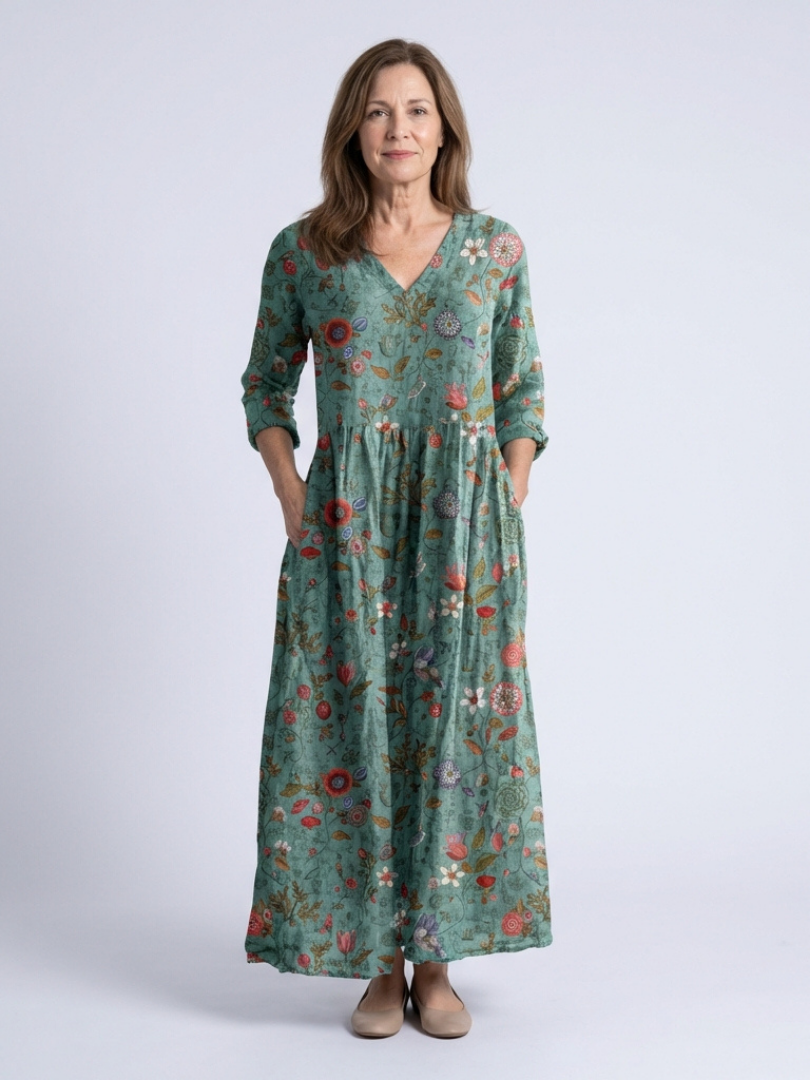 Marina | Robe Maxi Florale Col V Manches Trois Quarts
