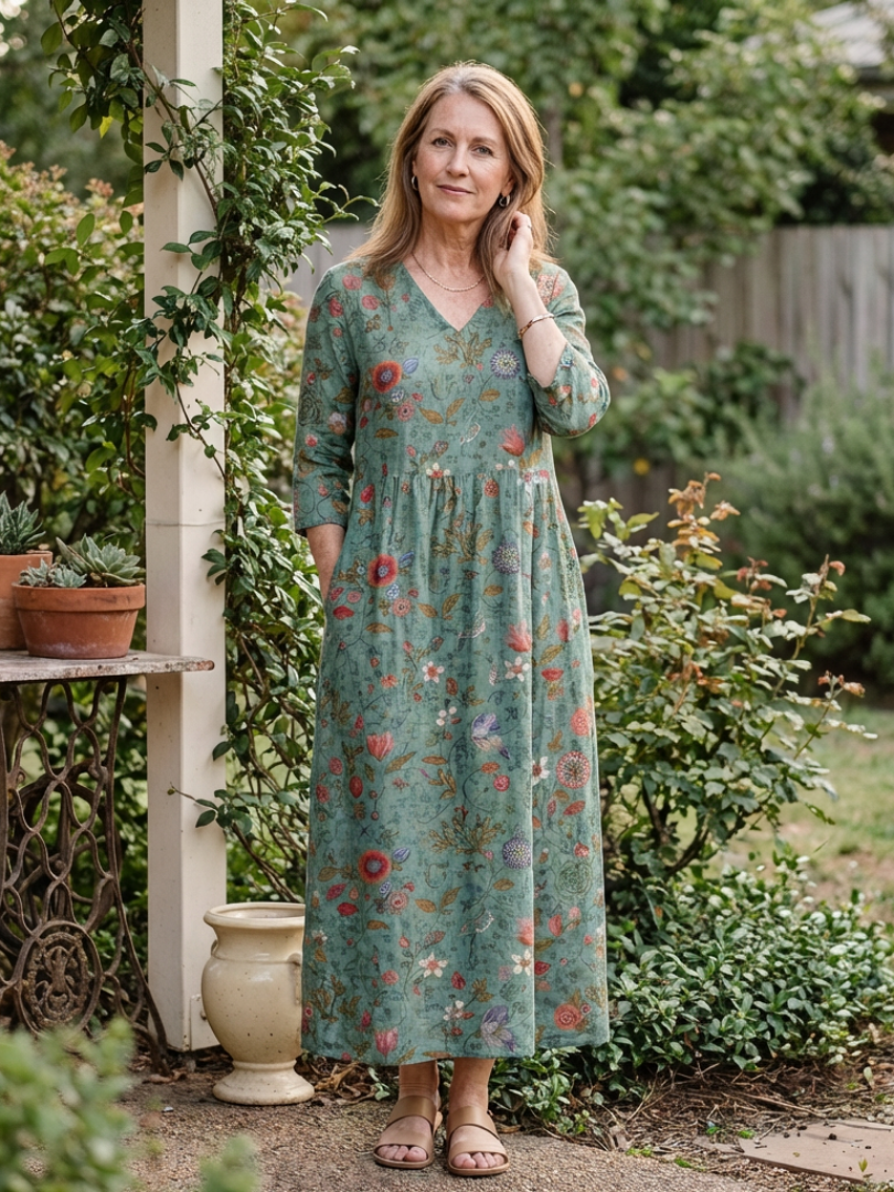 Marina | Robe Maxi Florale Col V Manches Trois Quarts